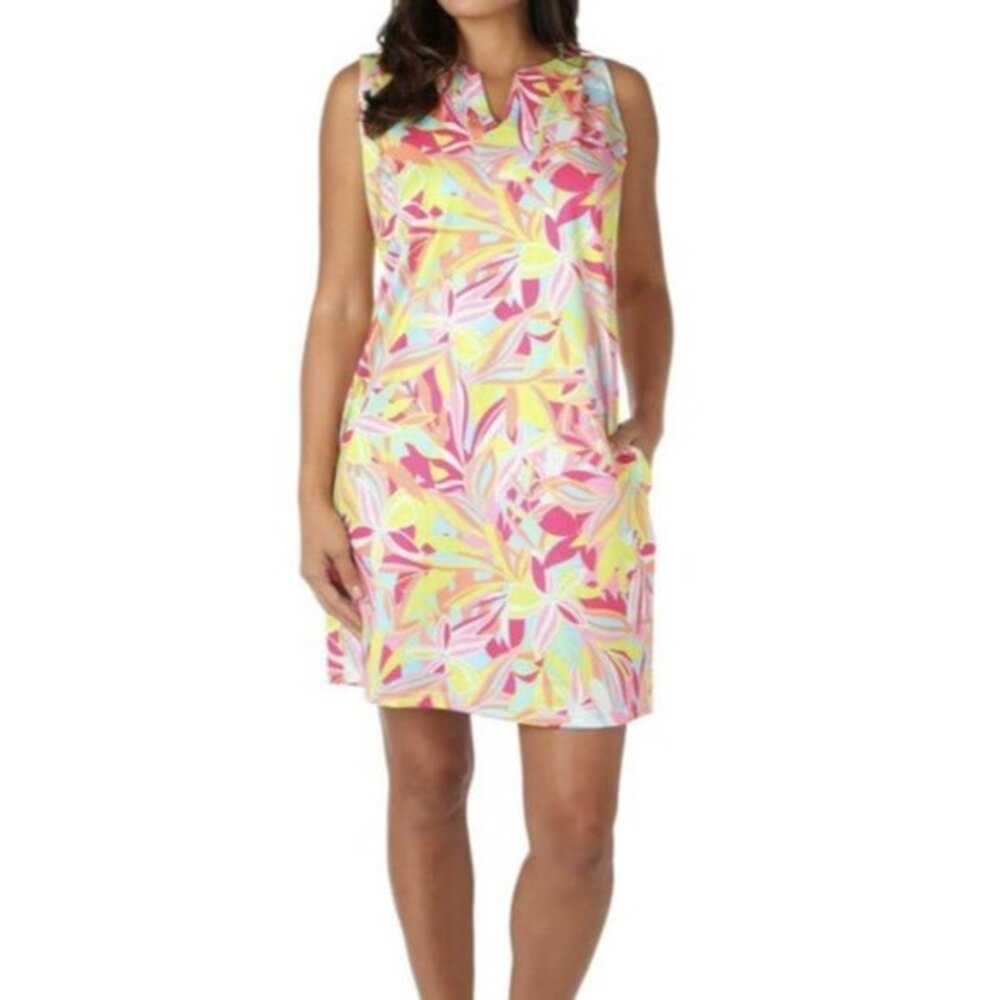 Caribbean Joe Dress Tie Dye UPF Yoke Neck Sleeveless Sz S Multi Leaf 50 spf